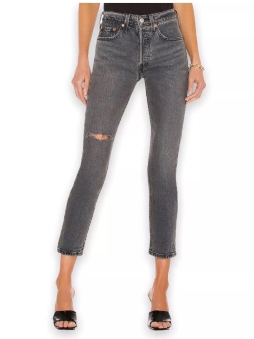 Levi's Premium 501 Washed Grey Skinny Jeans with Knee Rip
